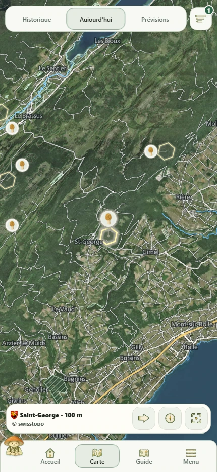 Carte MycoRadar affichant les secteurs autour du Jura vaudois